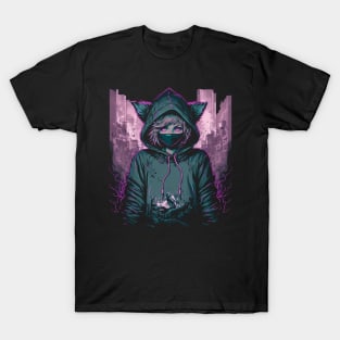 Anime hooded Catgirl silkscreen T-Shirt